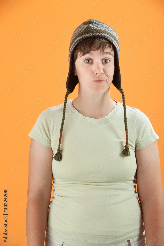 Naklejka premium Woman with Sock Monkey Hat