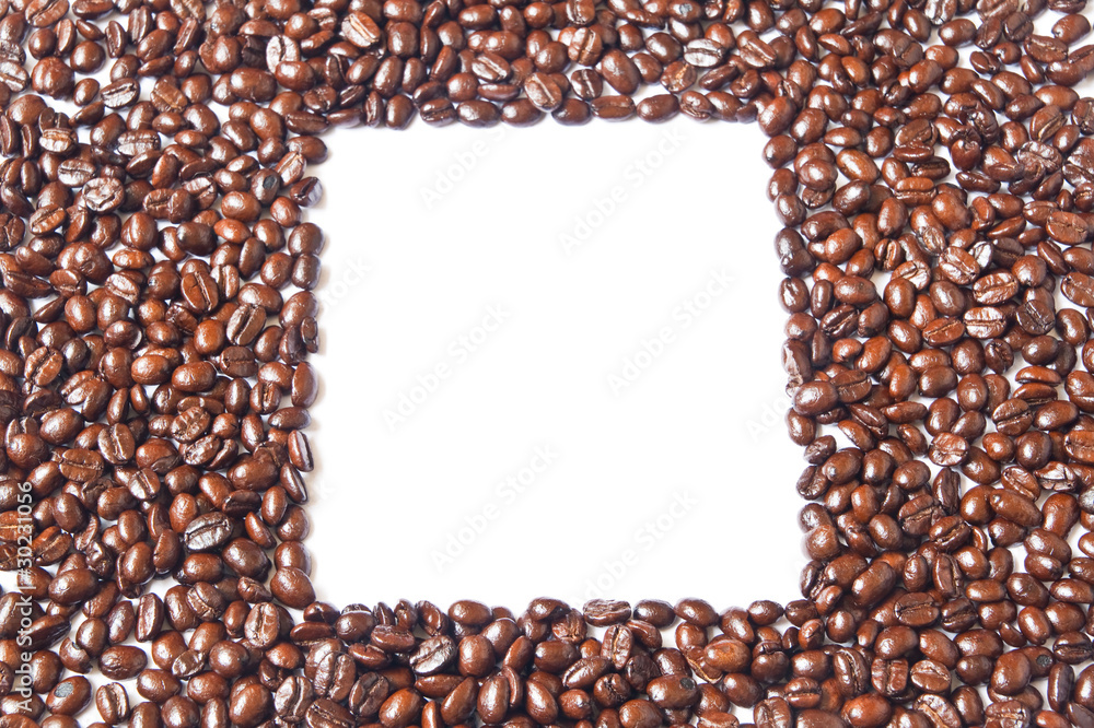 The white square in many brown coffee beans for background The white square in many brown coffee beans for background