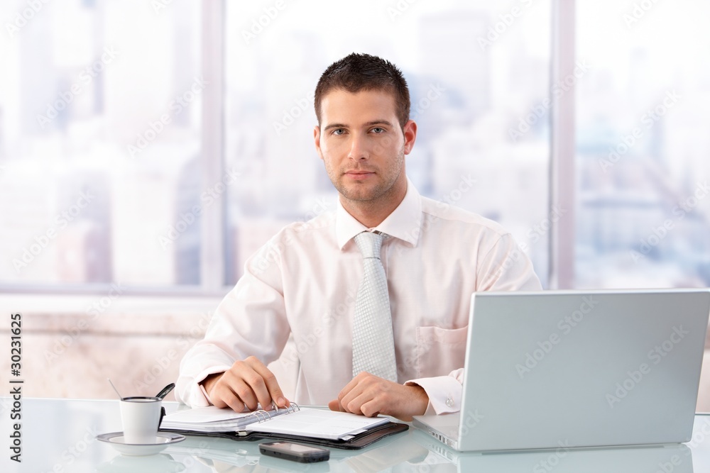 Handsome businessman sitting at desk in office Handsome businessman sitting at desk in office