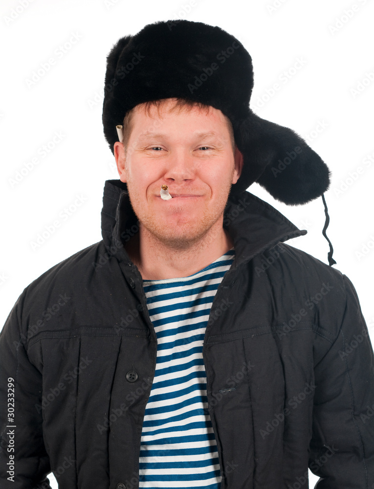 Russian man in winter fur cap