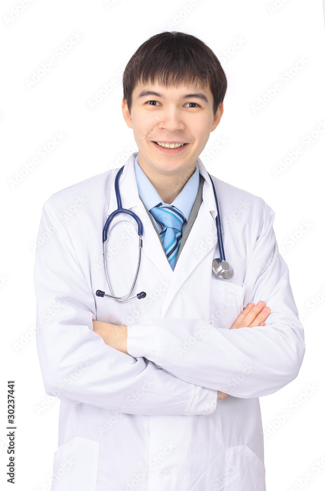 A portrait of a medical doctor posing against white A portrait of a medical doctor posing against white