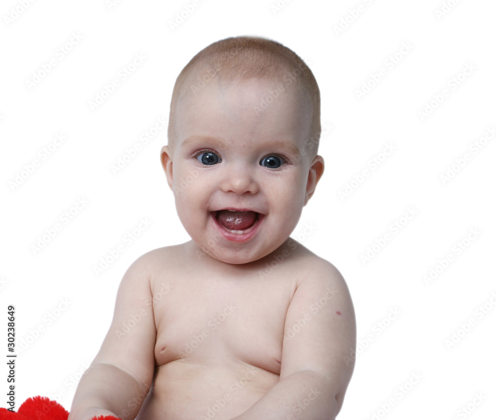 The joyful child is on a white background The joyful child is on a white background