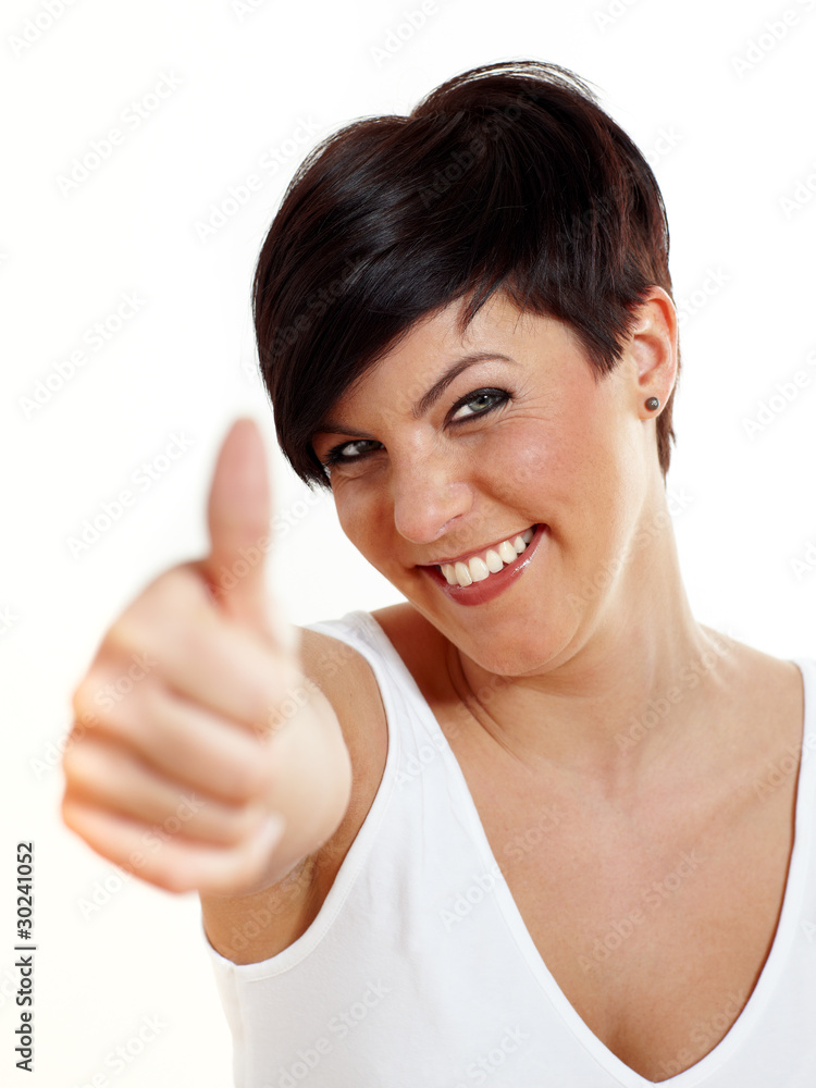 Attractive young female showing thumb up Attractive young female showing thumb up