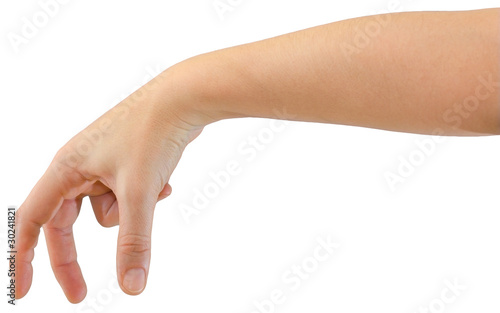 Hand of a caucasian female to hold small object, isolated on white