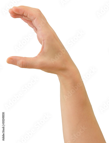 Hand of a caucasian female to grab some round object, isolated on white