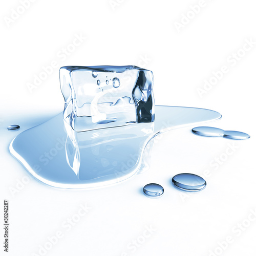 Single melting ice cube isolated on a white reflecting table