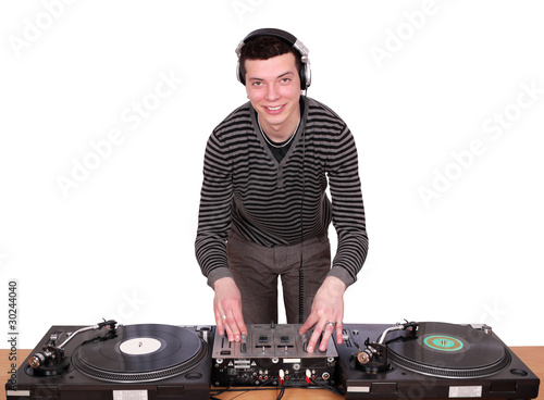 dj with turntables play music