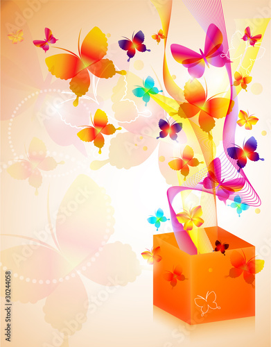 Vector illustration of gift box with butterflies. Eps10