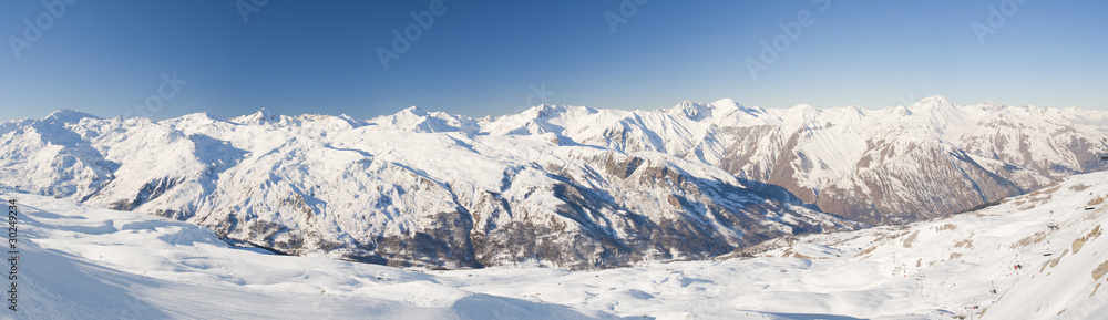 Panoramic view down a mountain valley