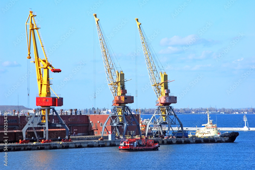 Cargo ship under crane bridge in harbor