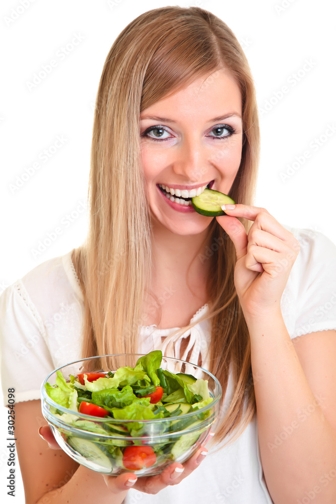 Woman with salad isolated on white Woman with salad isolated on white