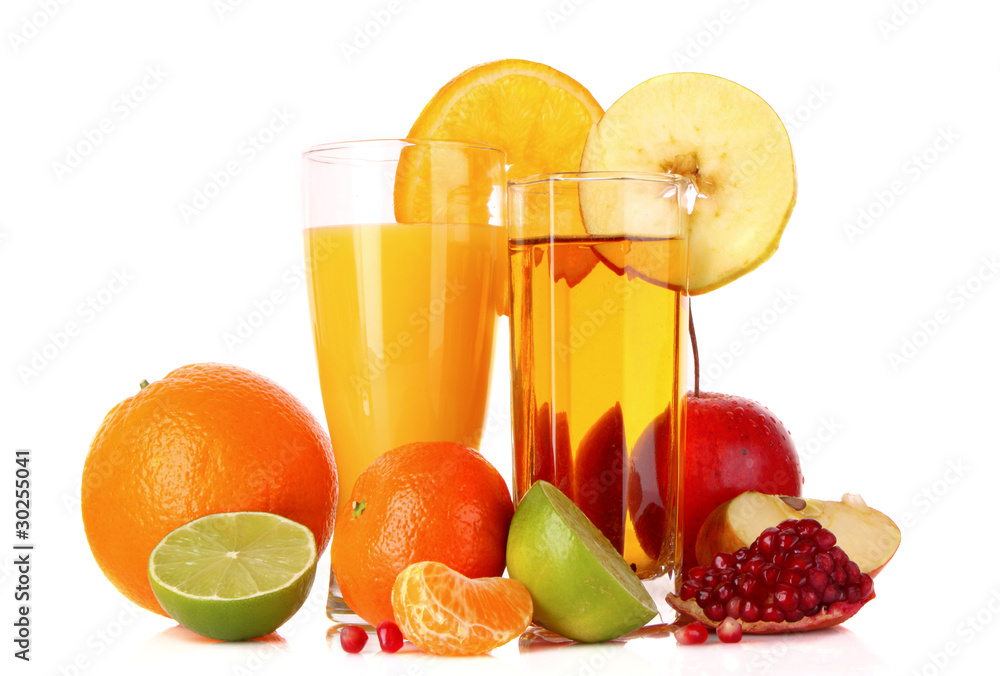 Fruits and glasses with juice isolated on white Fruits and glasses with juice isolated on white