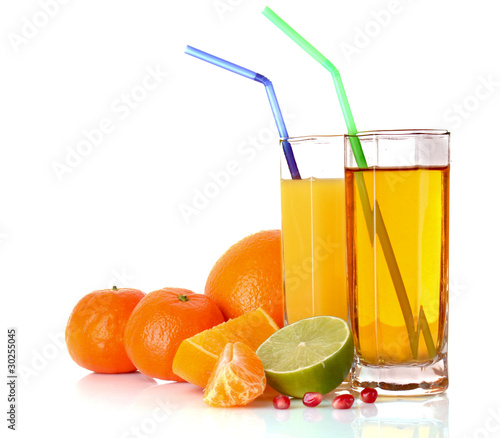 Fruits and glasses with juice isolated on white