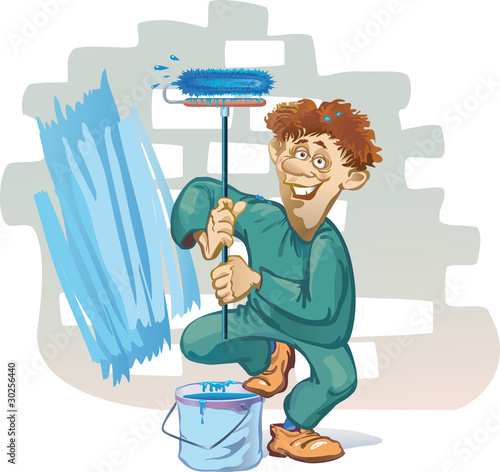 man of roller brick wall in blue