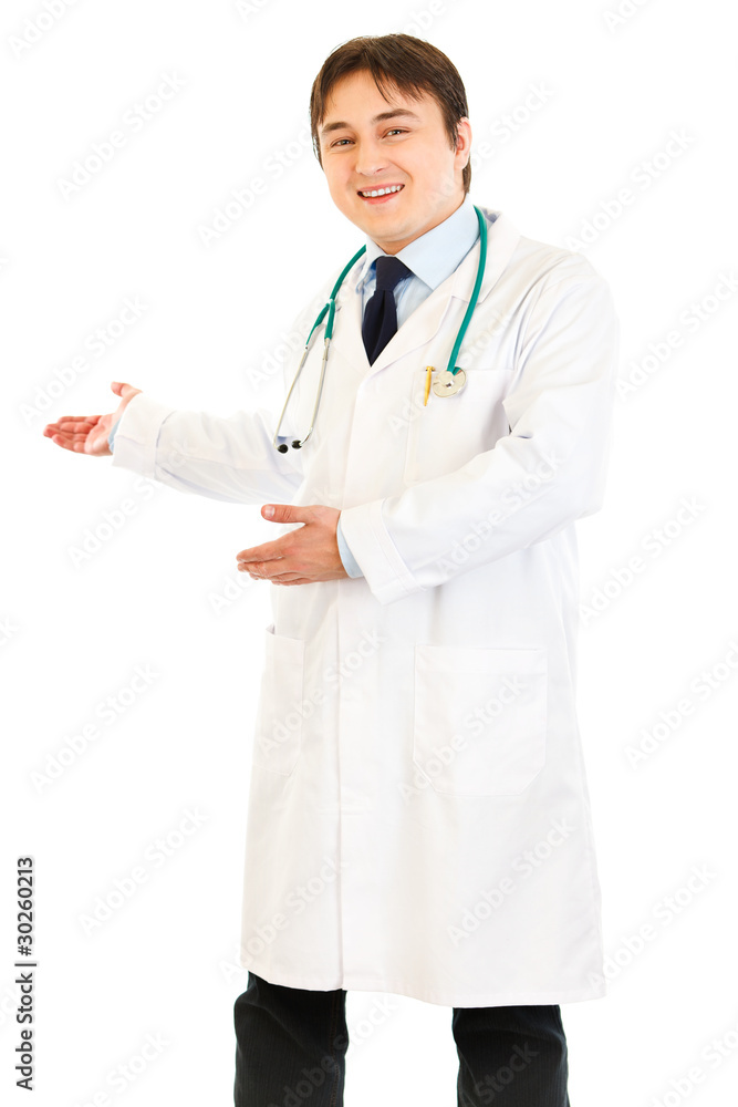 Welcome! Friendly medical doctor inviting to cooperation Welcome! Friendly medical doctor inviting to cooperation