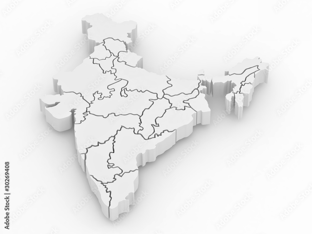 Three-dimensional map of India on white isolated background Stock ...