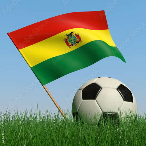 Soccer ball in the grass and the flag of Bolivia