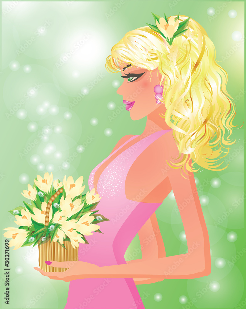 Beautiful girl with snowdrop bouquet, vector illustration Beautiful girl with snowdrop bouquet, vector illustration