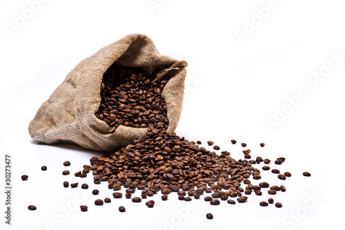 Coffee beans sack with scattered beans