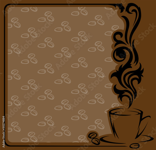frame with a stylized  a cup of coffee and coffee beans