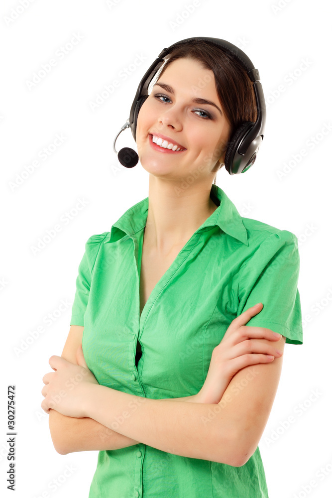 Support phone operator in headset isolated on white background Support phone operator in headset isolated on white background