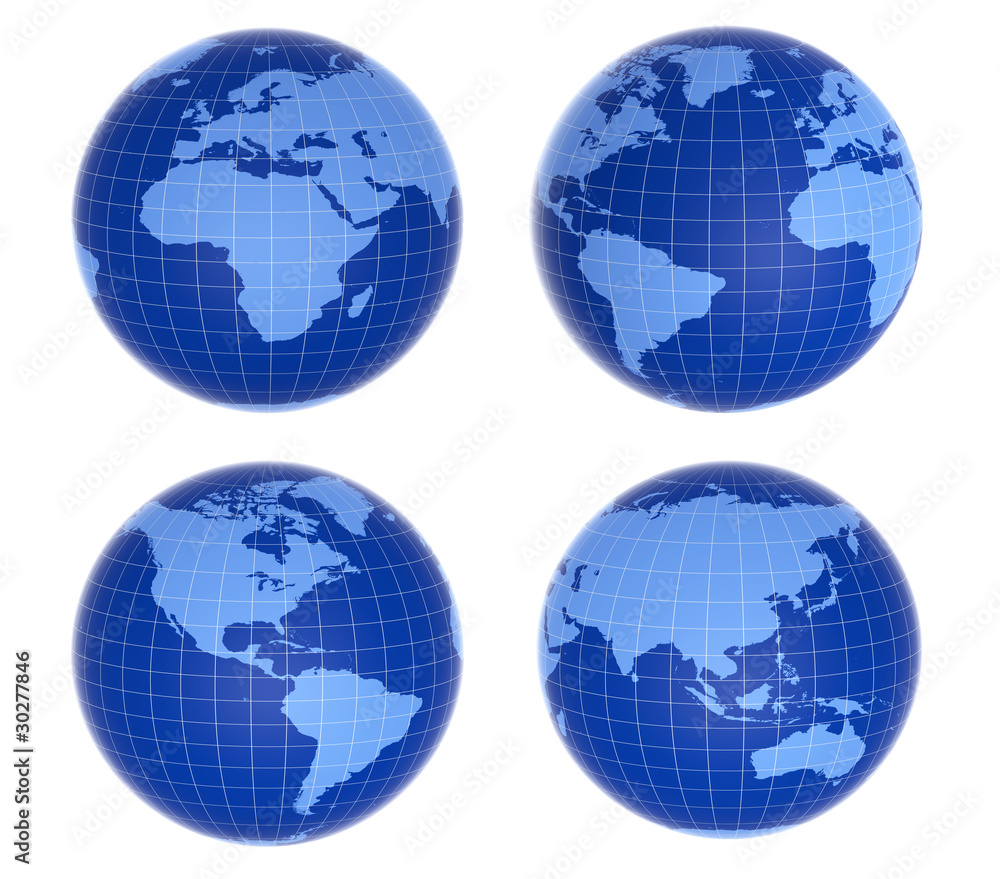 Four  blue globes showing different countries