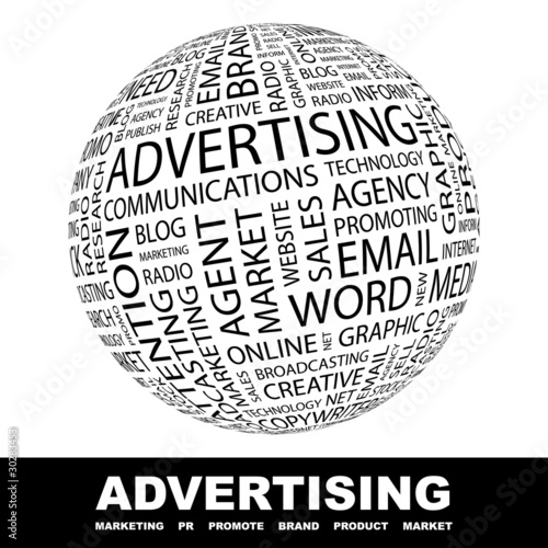 ADVERTISING. Globe with different association terms.