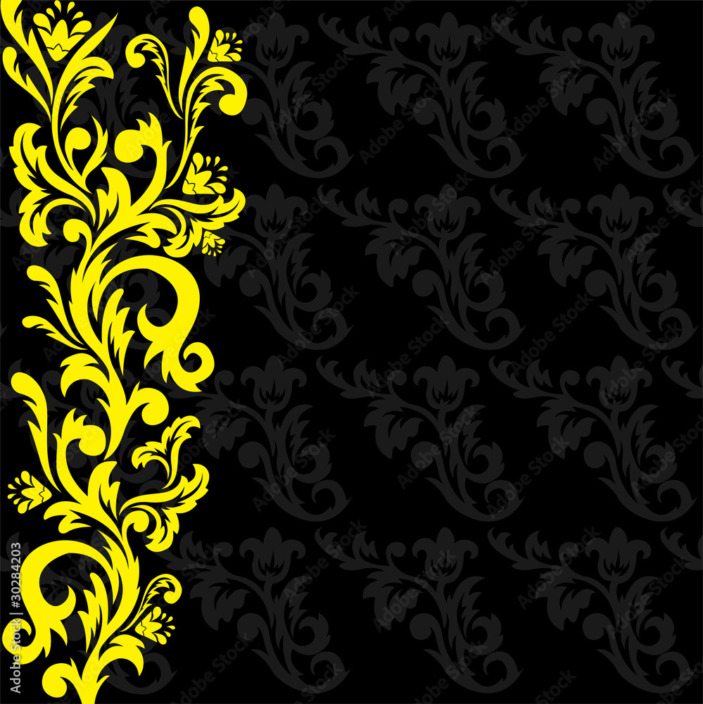 yellow floral tracery on a black patterned background yellow floral tracery on a black patterned background