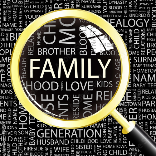 FAMILY. Magnifying glass over different association terms.