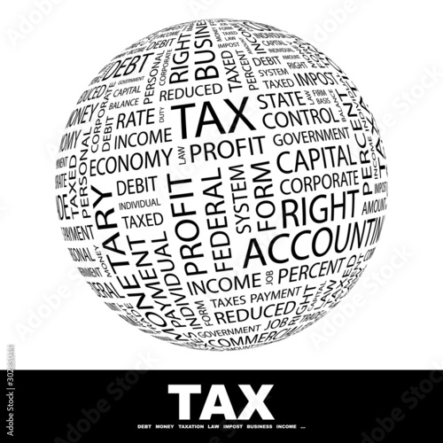 TAX. Globe with different association terms.