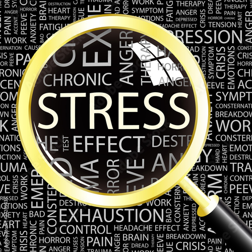 STRESS. Magnifying glass over different association terms.