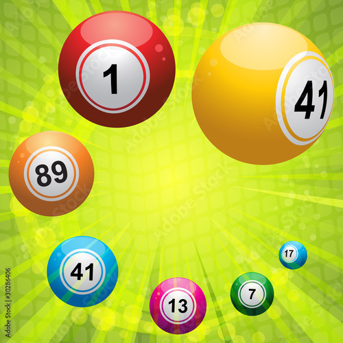 3D Bingo balls on green starburst background