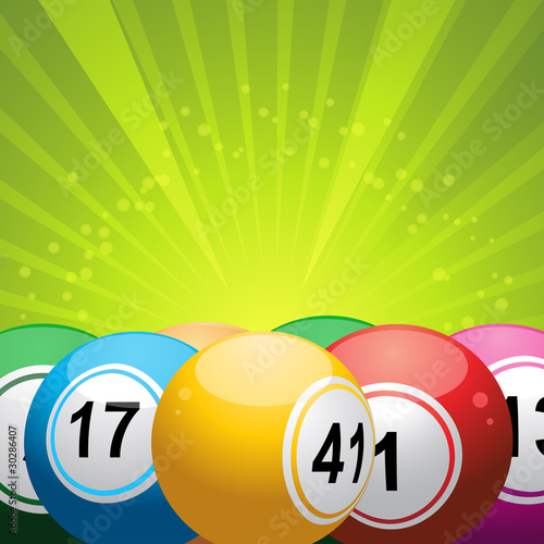 Bingo balls on green starburst background