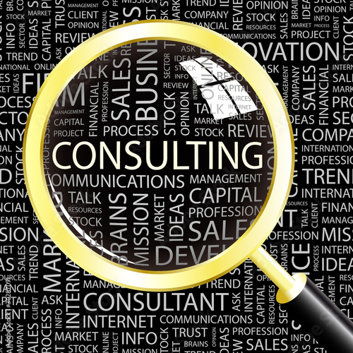 CONSULTING. Magnifying glass over different association terms.