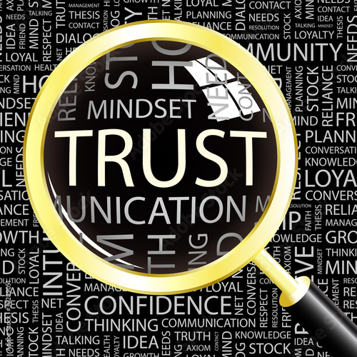 TRUST. Magnifying glass over different association terms.