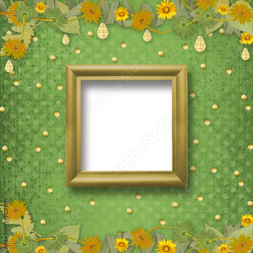 Wooden frame on the abstract background with bunch of flowers a photo