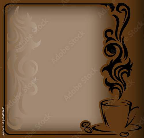 antique frame with a stylized  a cup of coffee and coffee beans