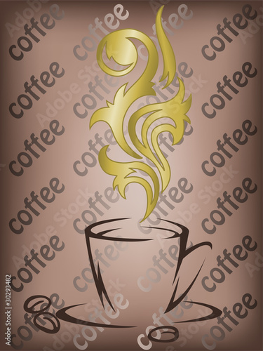 Stylized coffee cup with the golden curls of steam