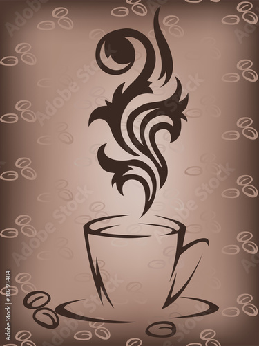 Stylized cup of coffee on a brown background with coffee beans