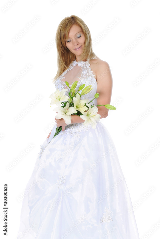Happy bride with a bouquet of lilies