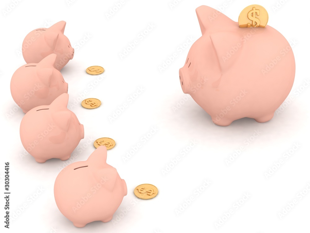 Obraz na plátně large and little piggy banks on a white background
