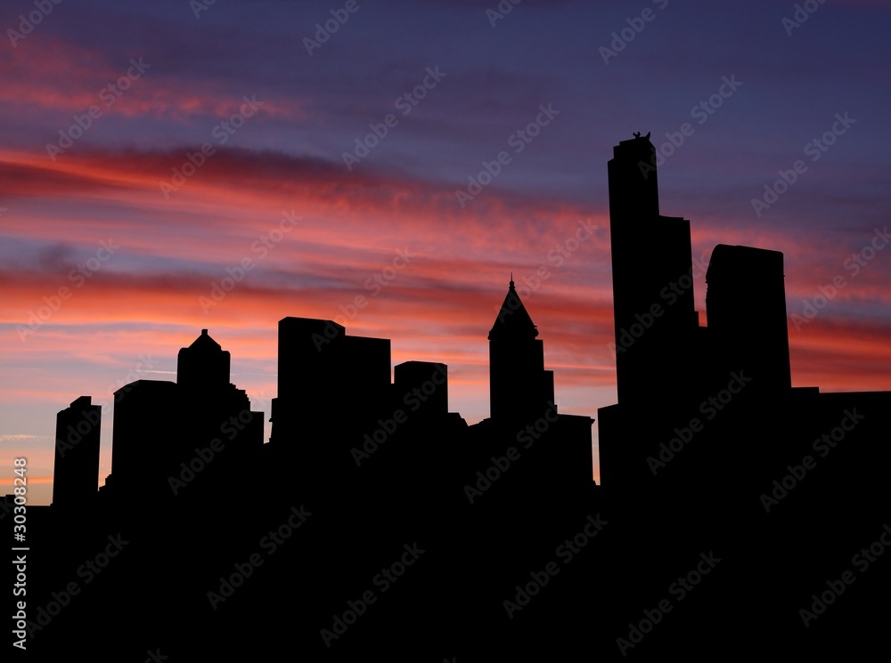 Seattle skyline at sunset with beautiful sky illustration