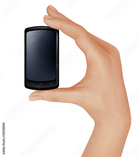 Hand holding smart phone. Vector illustration.