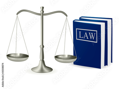 Brass scales of justice and law books . Vector illustration