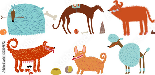 orange-blue vector dogs set