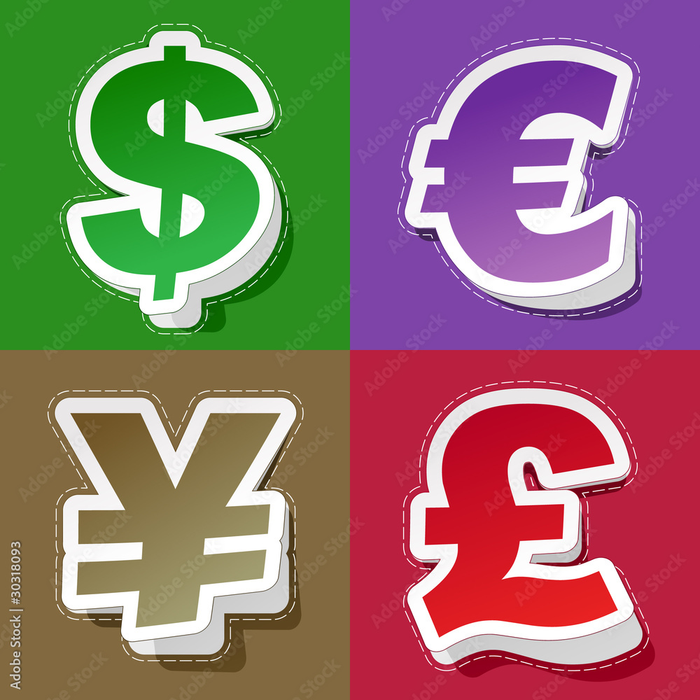 Vector dollar, euro, yen and pound stickers. Vector dollar, euro, yen and pound stickers.