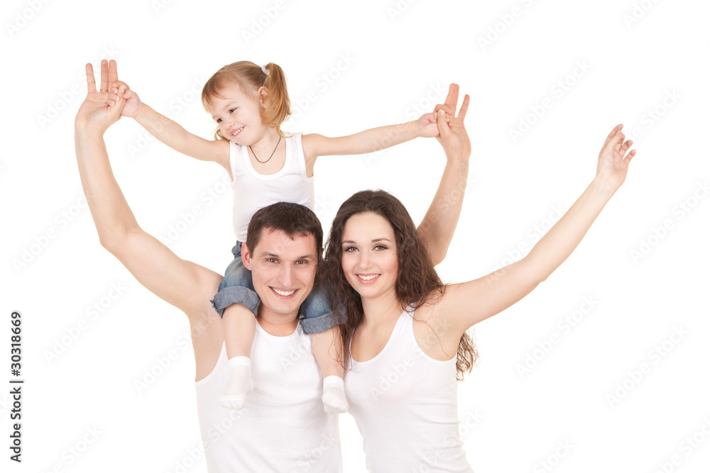 Happy mother, father and daughter playing on the white backgroun Happy mother, father and daughter playing on the white backgroun