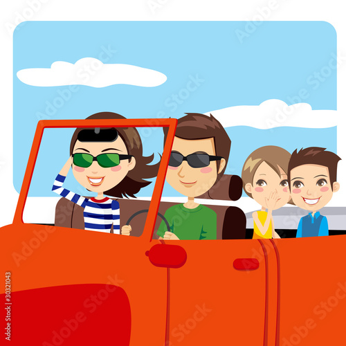 Family on a convertible car enjoying trip and a nice sunny day