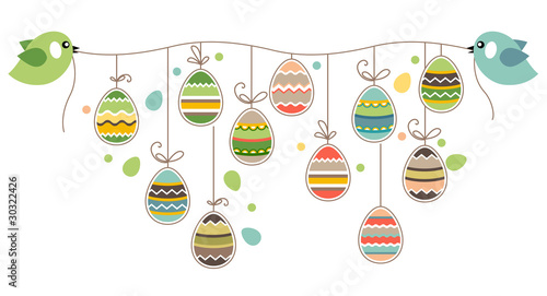 Two birds hold rope with easter eggs