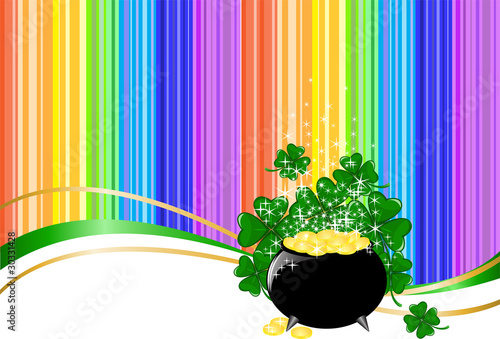 Leprechaun pot of gold on rainbow background with clover
